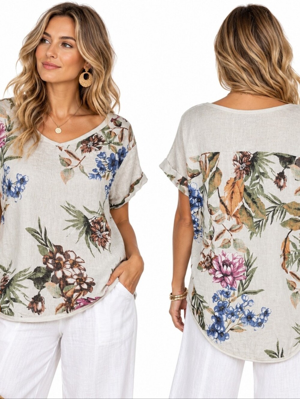 Italian Linen Knit Tunic Top S Floral Coastal Resort Lightweight Cottage NWT